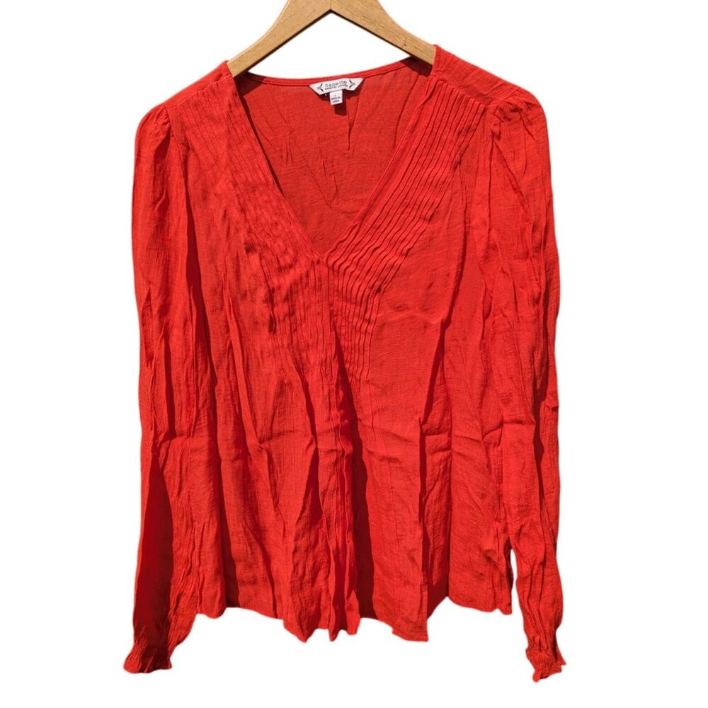 Nanette Lepore red v neck smock blouse work career office long sleeve L Holiday